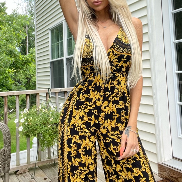 Fashion Nova Pants - Fashion nova black/gold halter top jumpsuit medium